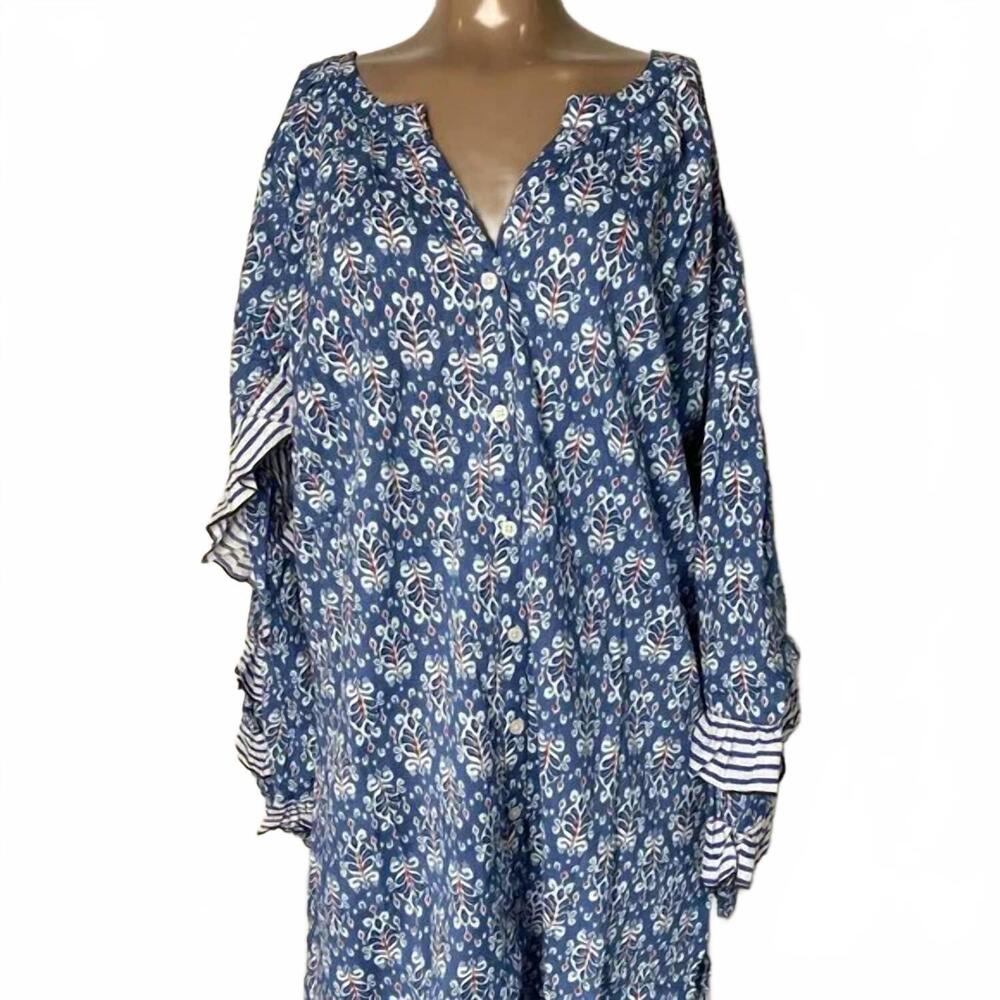 NEW CHAKERIS women's ellie short ruffle floral mini cotton tunic dress in blue